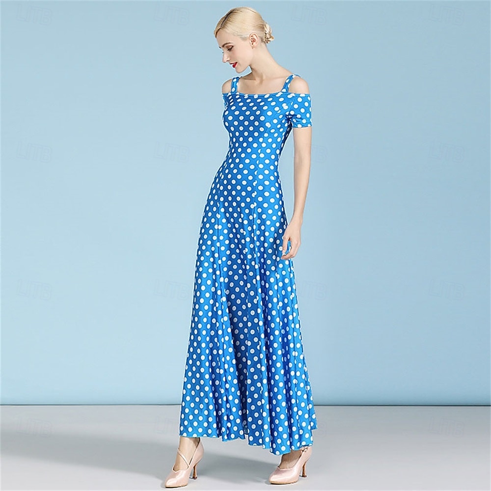 Γυναικείο φόρεμα χορού με πουά και έξω τους ώμους - φόρεμα σε γραμμή Α για διαγωνισμούς, λάτιν και χορευτικές εκδηλώσεις - ροζ &λευκό 2026 - $110.99 –P4