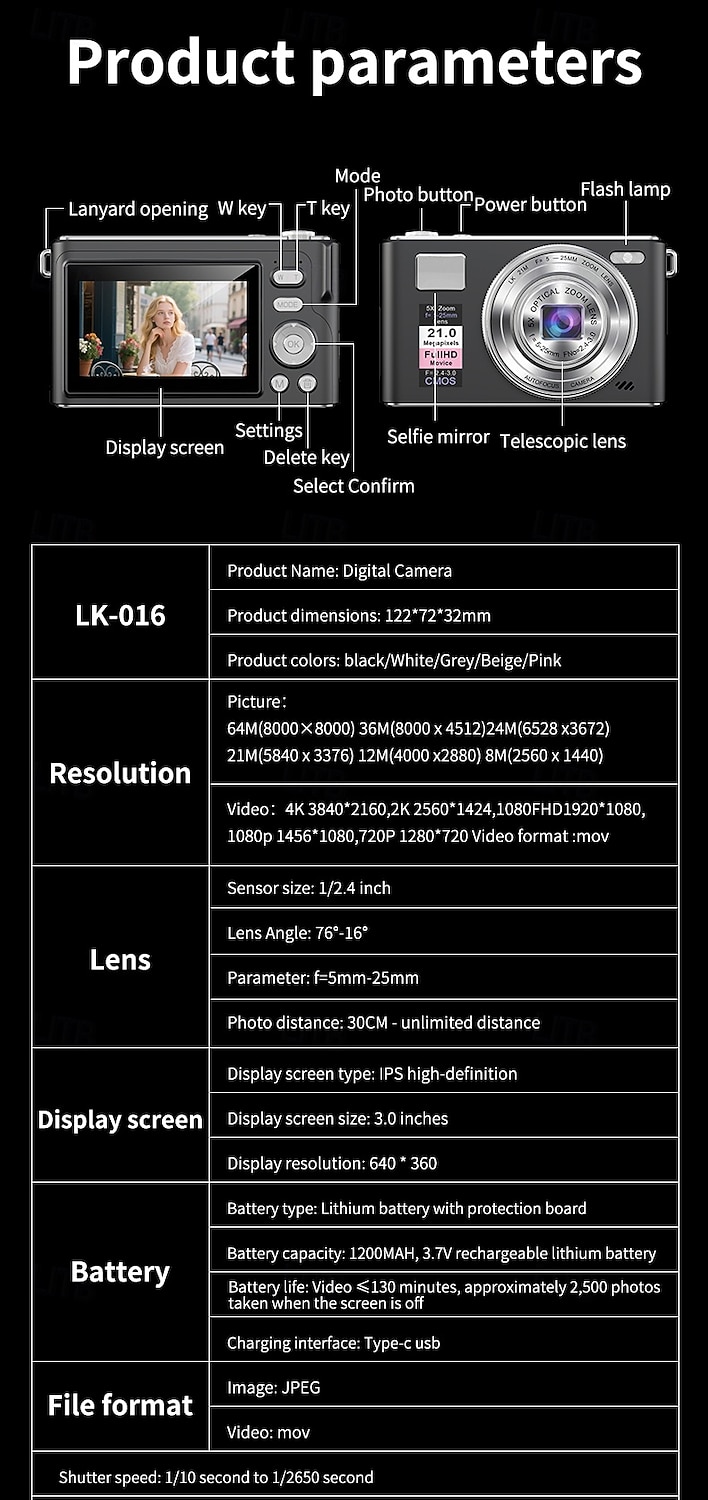Uusi 4k fhd -digikamera 64 gigatavun muistikortilla vuodelta 2025, kompakti, pieni ja edullinen ladattava valokuvauskamera, 64 megapikselin automaattitarkennuskamera, erittäin sopiva aloitteleville 2026 - $117.99 –P19