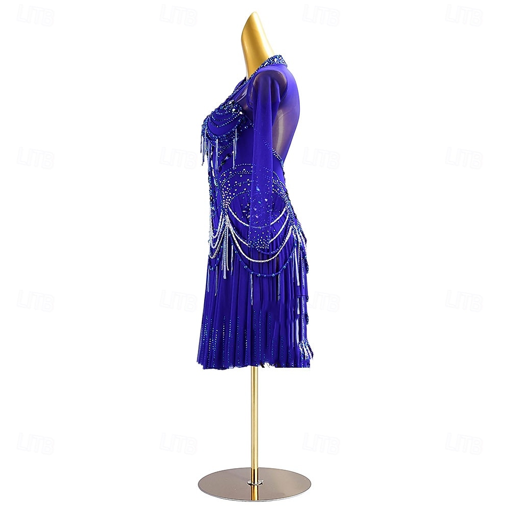 Robe de danse latine pour femme, bleu roi, strass, manches longues, franges, costume de performance pour compétition de samba, cha cha, rumba de 2025 ? $327.79 –P4
