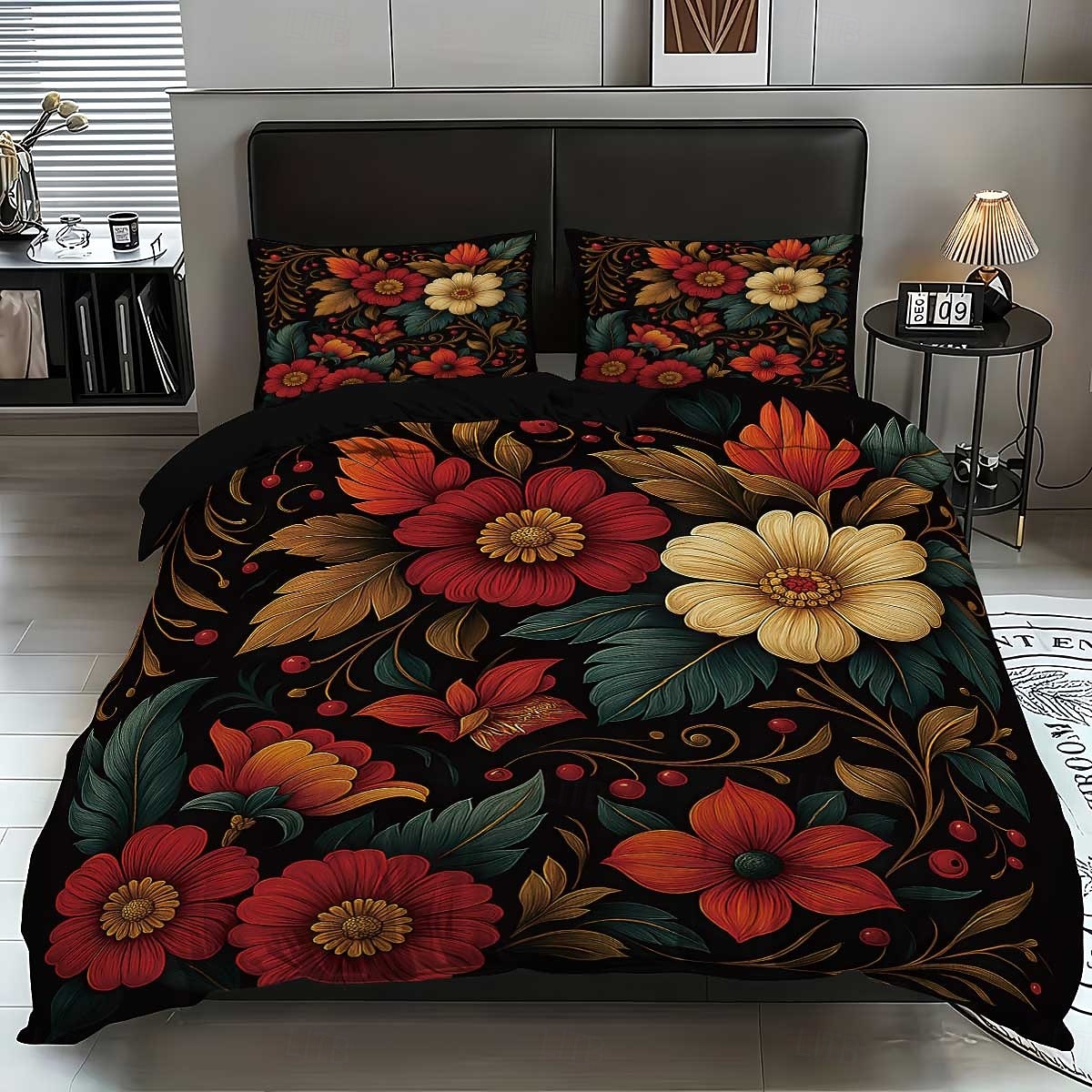 Σετ παπλωματοθήκης 3 τεμαχίων με ρετρό τρισδιάστατη εκτύπωση λουλουδιών από πούπουλα για κρεβάτι queen size, μαλακό κοντό βελούδινο κάλυμμα παπλώματος με 2 μαξιλαροθήκες - κλινοσκεπάσματα υπνοδωματίου 2026 - $37.99 –P2