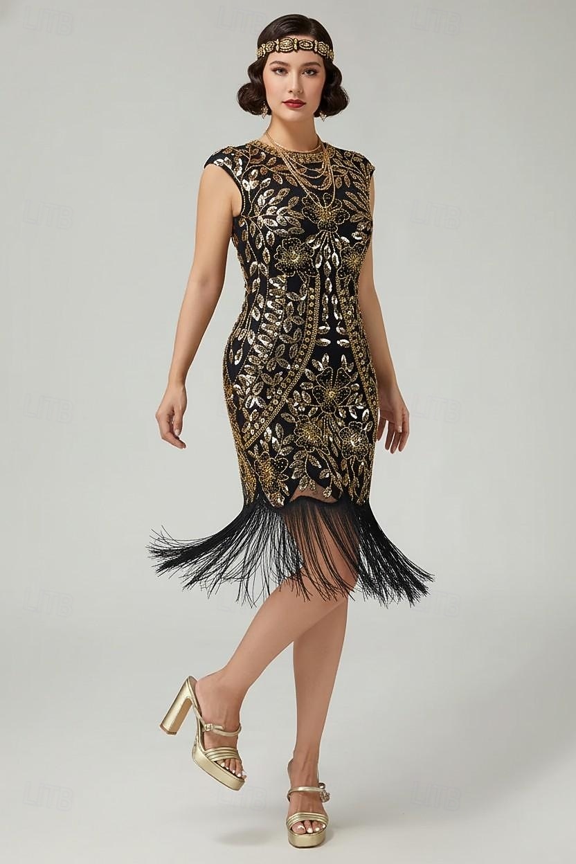 Roaring 20s 1920s Knee Length Flapper Dress Cap Sleeves The Great Gatsby Sequins Fringe Scoop Neck Fancy Dress Women's Christmas Carnival speakeasy Masquerade Retro Theme Party Adults' Dress 2026 - $56.99 –P1