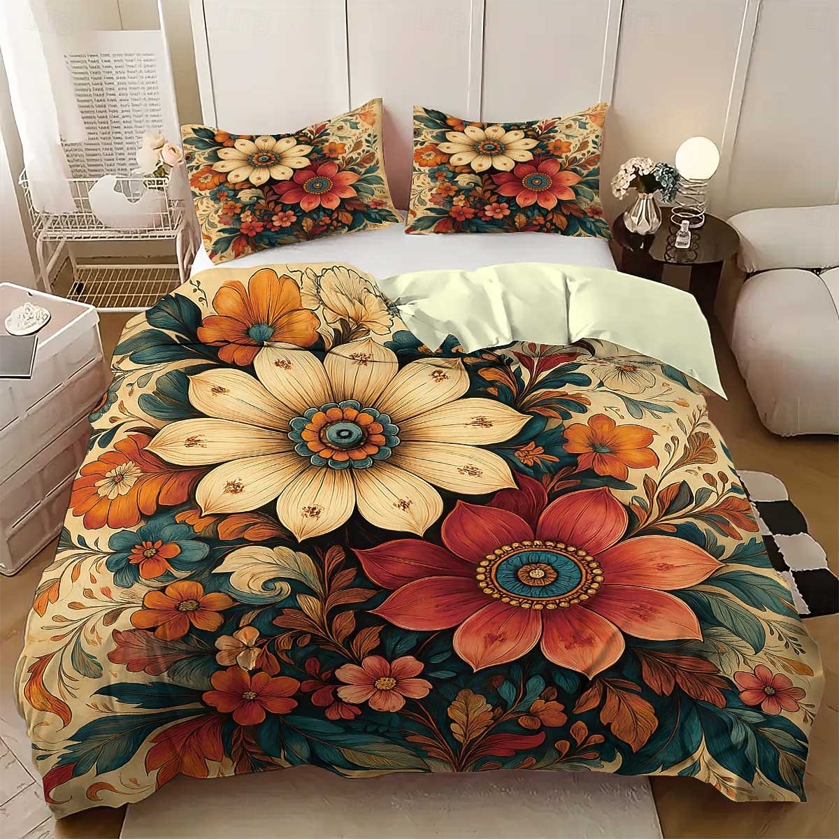 Σετ παπλωματοθήκης 3 τεμαχίων με ρετρό τρισδιάστατη εκτύπωση λουλουδιών από πούπουλα για κρεβάτι queen size, μαλακό κοντό βελούδινο κάλυμμα παπλώματος με 2 μαξιλαροθήκες - κλινοσκεπάσματα υπνοδωματίου 2026 - $37.99 –P12