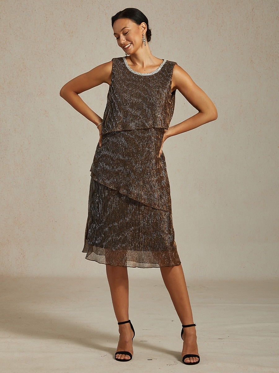 Dame Midikjole Skiftkjole Plissert kjole Grime kjole Elegant Fest Formelt Fest Bryllupsgjest Cocktailfest Normal Helfarge Ermeløs Crew-hals Brun Sommer Vår Høst Vinter 2025 - $141.99 –P1