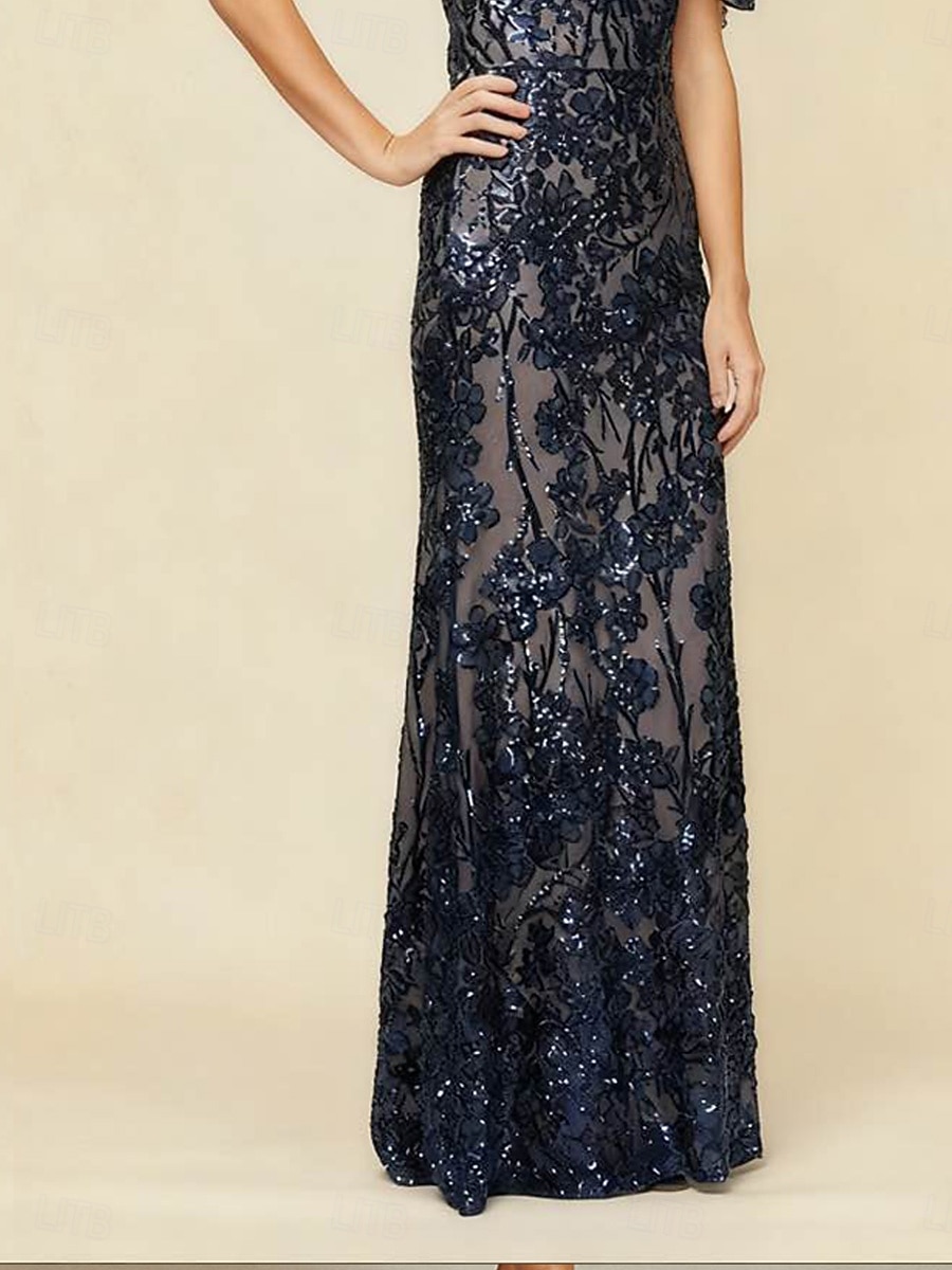 Women's Maxi Dress Sheath Dress Elegant Evening Party Party Sequins Lace Hollow Out Regular Fit Floral Half Sleeve Crew Neck Navy Blue 2026 - $199.99 –P3