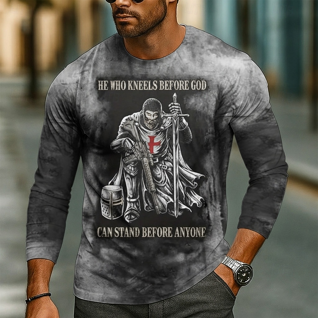 T-shirt da uomo dei Crociati Cavalieri Templari T-shirt a maniche lunghe maglietta a stampa 3D maglietta colletto rotondo moda base casual abbigliamento quotidiano street style marrone verde grigio del 2026 a $23.99 –P1