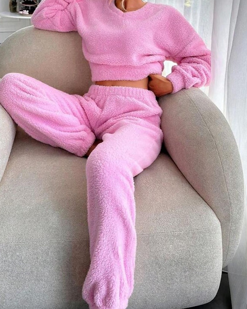 Damskie Piżama Odzież domowa Zestawy piżamowe Flanela Ciepłe Moda Czyste kolory Elastyczny pas Nogawka Dom Codzienny Długi rękaw W serek Rumiany róż Jesień Zima Regularny 2026 - $44.99 –P4