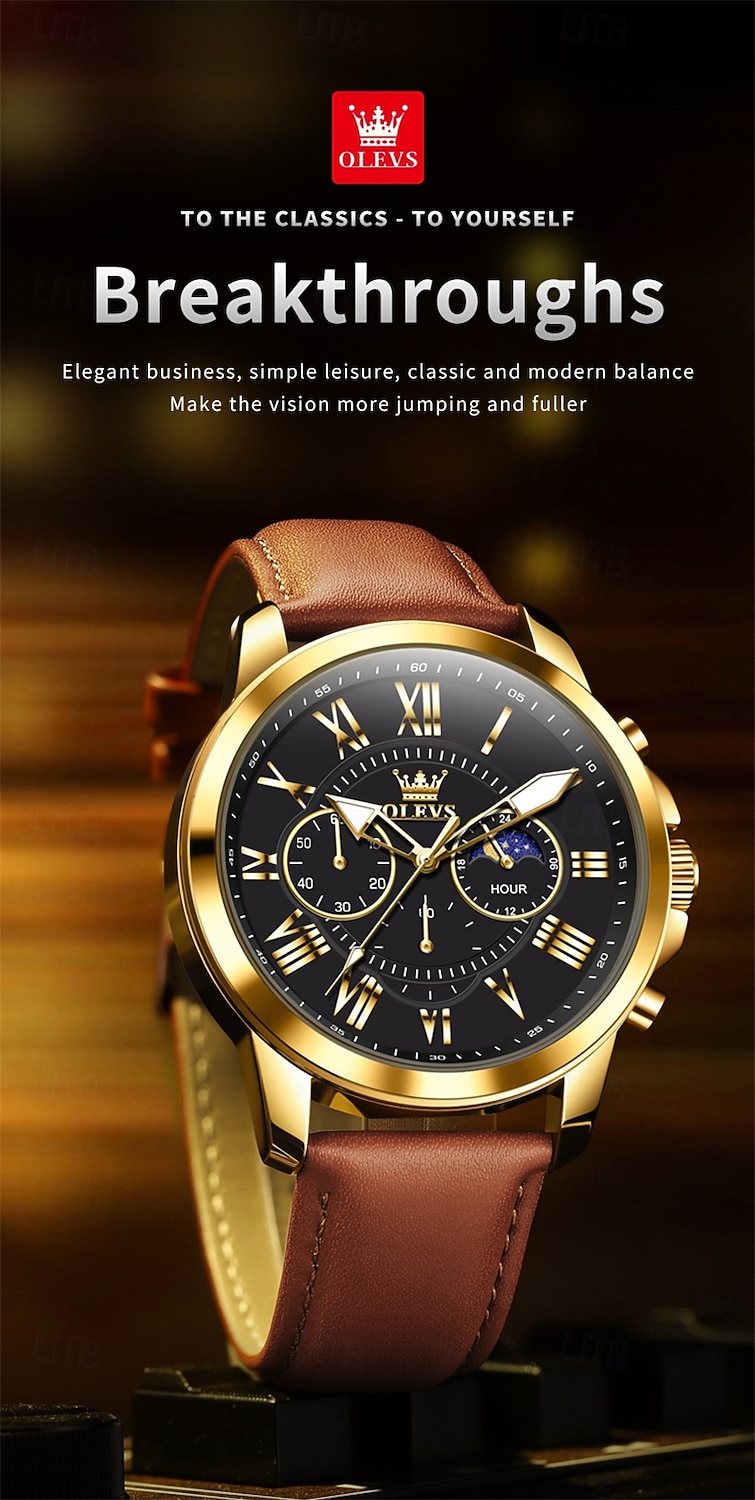 The New Olevs Brand Men'S Business Watch With Luminous Small Three Hands Moon Phase Display Multi-Functional Chronograph Three-Eye Casual Waterproof And Fashionable Quartz Watch Men'S Sports Wrist 2025 - $28.99 –P4