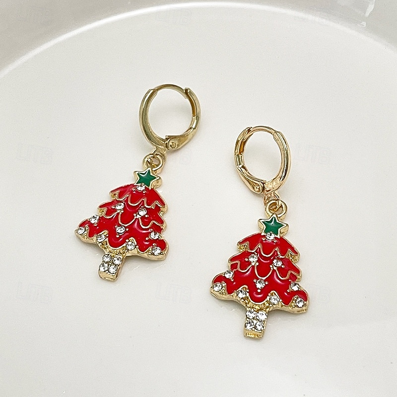 Pendientes festivos de árbol de Navidad rojo con brillantes diamantes de imitación y estrella verde. 2026 - $11.99 –P1