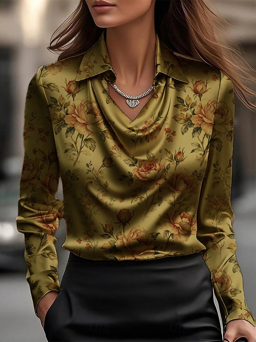 Mulheres Camisa Social Elegant Top de cetim Blusas de Seda Imprimir Com Pregas Floral Elegante à moda Casual Manga Longa Gola Boba Tops regulares Diário Trabalho Feriado Champanhe Verde Primavera de 2026 por $34.99 –P3