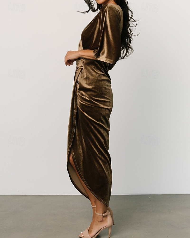 Damen Midikleid Samtkleid Partykleid Cocktailkleid Mode Modern Party Abendgesellschaft Normale Passform Einfach Halbarm V Ausschnitt Schwarz Wein Dunkelgrün Kamel Herbst Winter 2025 - $31.49 –P16