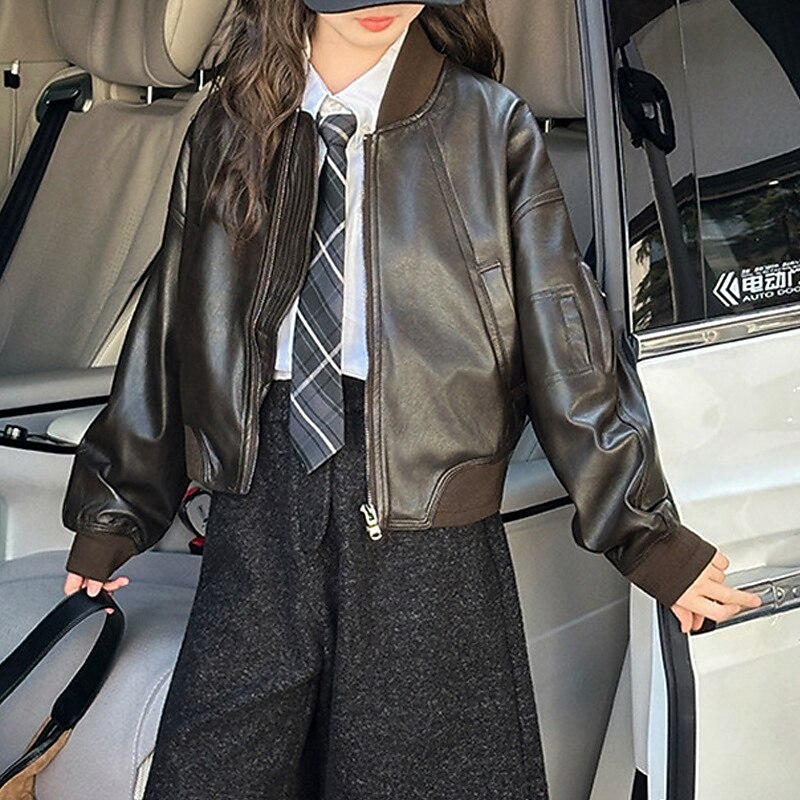 Bambini Ragazze Giacca in pelle nera Giacca di pelle Tinta unica Moda Cerniera Tasca All'aperto Cappotto Capispalla 4-12 Anni Autunno Marrone del 2025 a $48.99 –P3