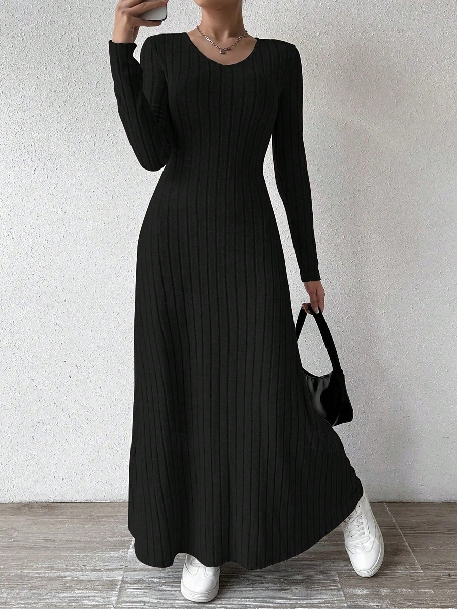 Dámské Svetrové šaty Elegantní Na běžné nošení Měkké Čistá barva Rýhovaný Do V Pletený Dlouhý rukáv Běžné topy Plést Venkovní Denní Víkend Černá Trávová zelená Podzim Zima 2026 - $24.99 –P10