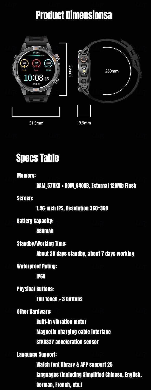 ساعة ذكية 2025 بنظام تحديد المواقع العالمي (GPS) بشاشة 1.46 بوصة مزودة ببوصلة ومصباح يدوي وبلوتوث ومكالمات وبطارية 580 مللي أمبير في الساعة ومقاومة للماء وتتبع اللياقة البدنية وساعة رياضية ذكية 2025 - $51.99 –P17