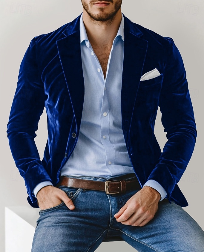 Blazer en velours pour homme, col cranté, style classique et décontracté, couleur unie, bordeaux, bleu, vert, coupe ajustée, simple boutonnage, deux boutons. de 2025 ? $79.99 –P1