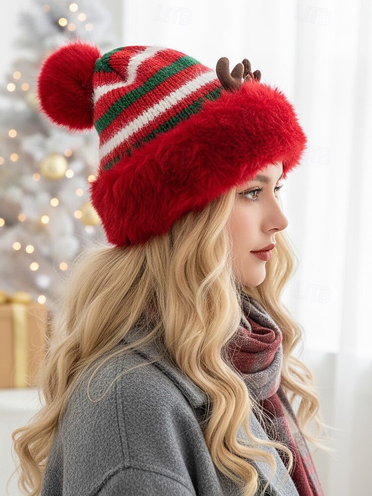 Kerstmuts met strepen voor dames met rendiergewei – polyester materiaal, feestelijk ontwerp voor feestdagen en winterkleding 2026 - $19.99 –P2