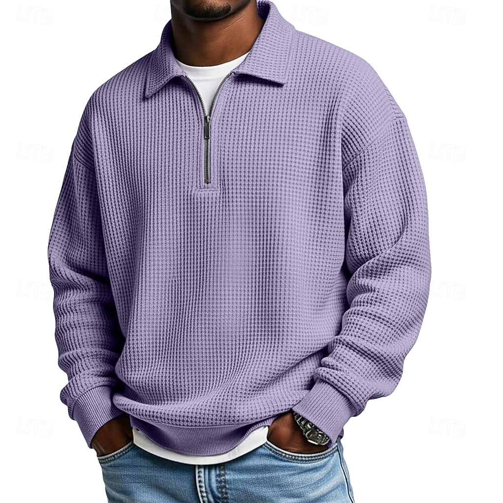 Herre Vaffel poloskjorter Kvart zip-polo utendørs Avslappet Quarter Zip Langermet Mote Moderne Helfarge Med Tekstur Strikket Vår & Vinter Alle årstider Løstsittende Svart Hvit Navyblå Mørkegrønn 2025 - $23.99 –P2