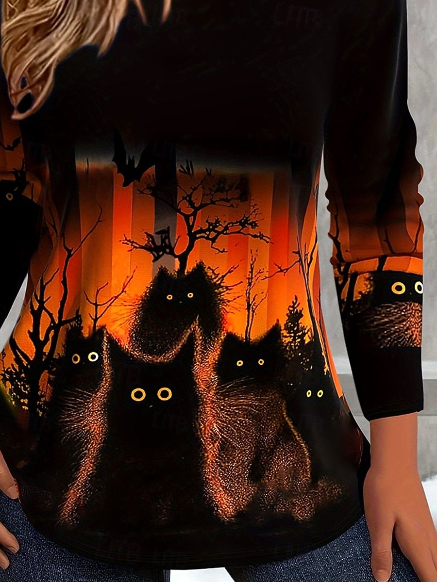 Women's T shirt Pumpkin Graphic Cat Vintage Stylish Classic Long Sleeve Crew Neck Regular Tops Daily Print Orange Spring Fall Winter 2025 - $22.99 –P8