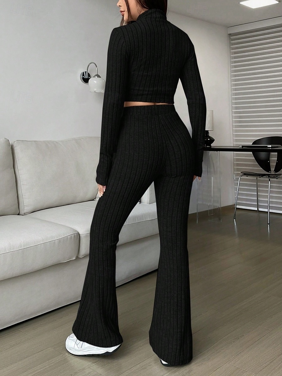Women's Pants Sets Bolero Top Long Sleeve Shirt Collar Solid Color Zipper Fashion Streetwear Casual Daily Outdoor Black Wine Camel Spring Slim 2026 - $32.99 –P11