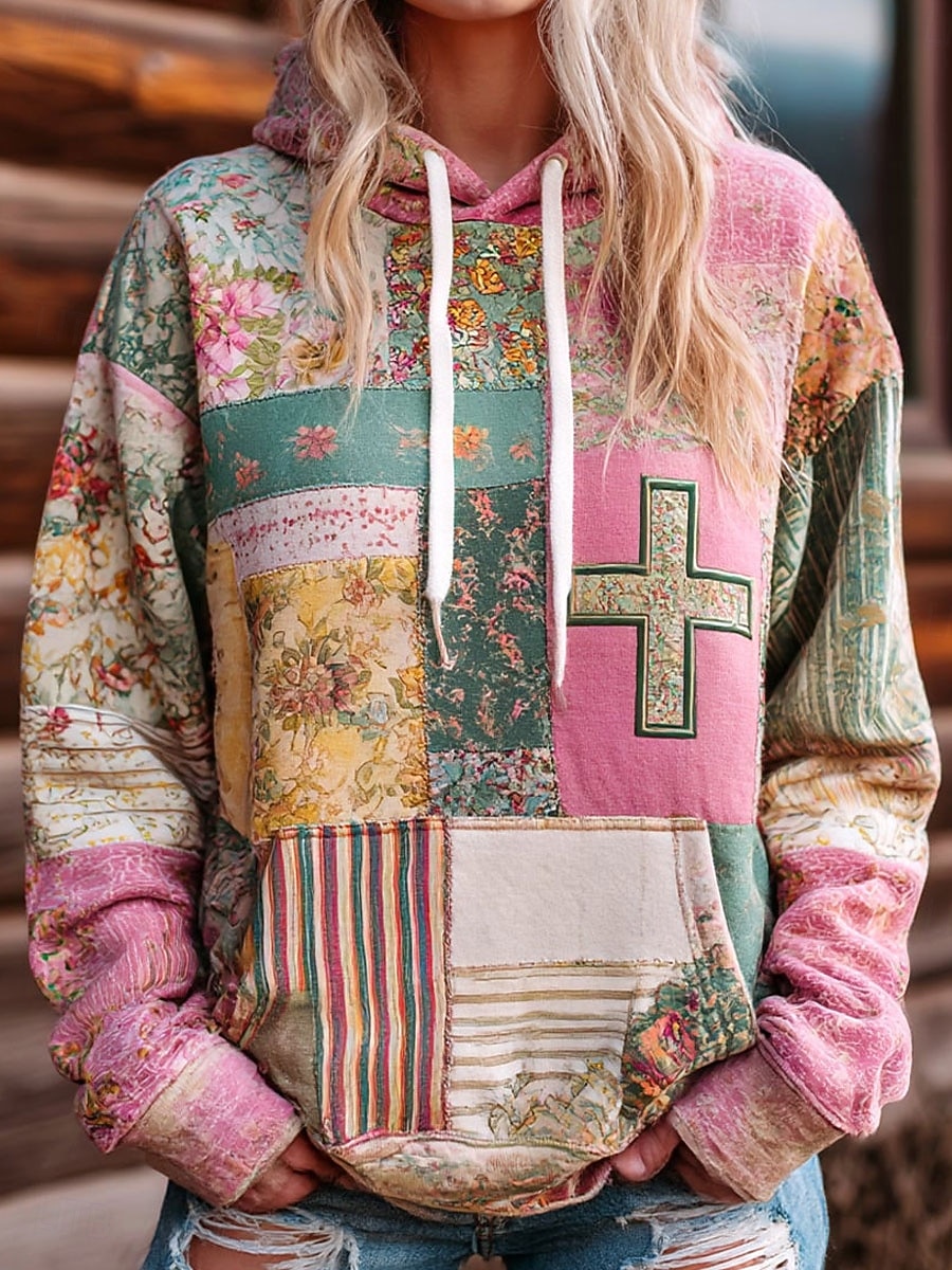 Damen Kapuzenpullover Druck Fronttasche Blumen Grafik Geometrisch Warm Vintage Lässig Langarm Mit Kapuze Normale Oberteile Lässig Straße Alltagskleidung Blau Rosa Purpur Herbst Winter 2026 - $28.99 –P1