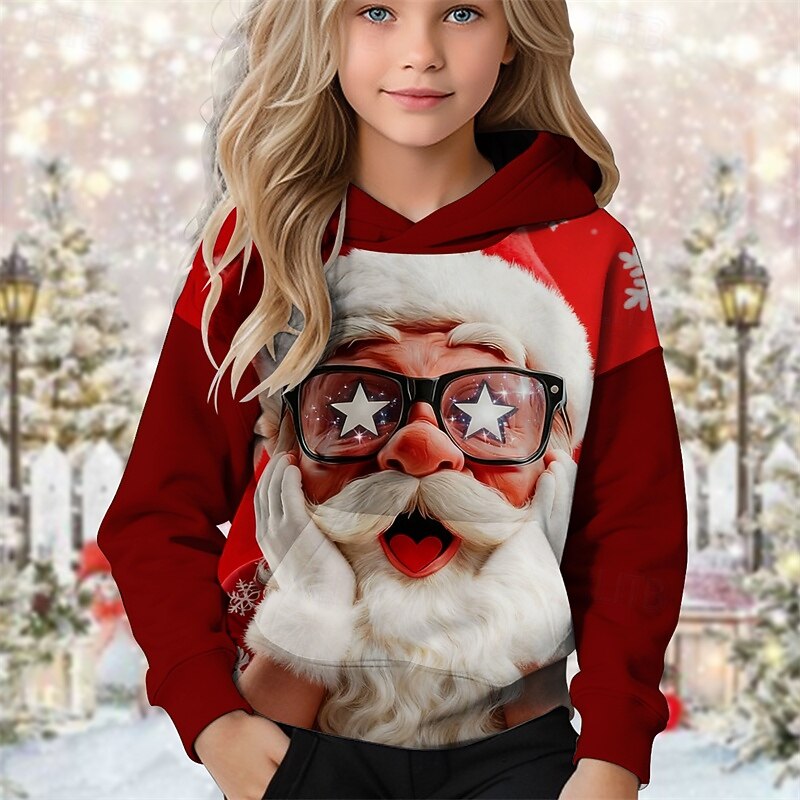 Kerstmis Voor meisjes 3D Grafisch Kerstman Trui met capuchon Lange mouw Herfst Winter Modieus Aanbiddelijk Basic Kinderen 4-12 jaar Capuchon Buiten Casual Dagelijks Normale pasvorm 2025 - $18.99 –P1