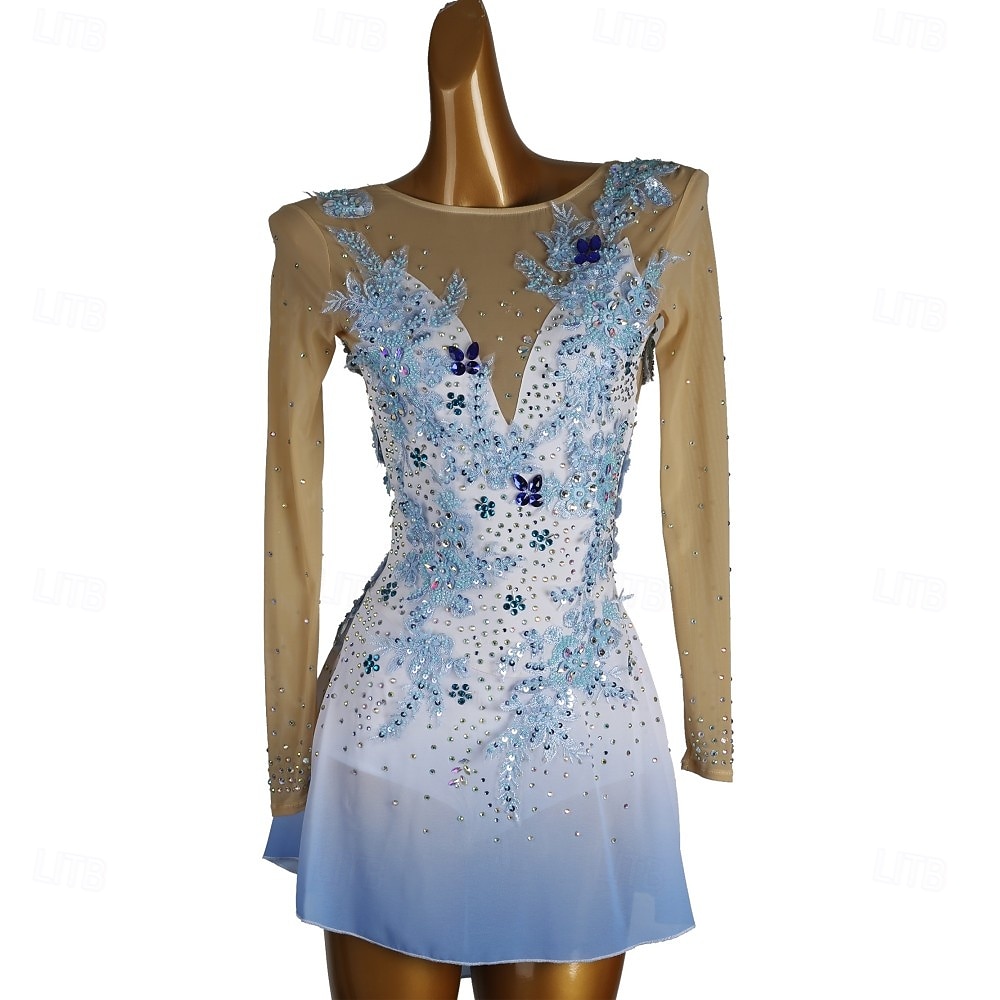 Rochie de Patinaj Artistic Pentru femei Fete Πατινάζ στο πάγο Rochii Albastru celest + alb Peteci Deschide Înapoi Plasă Înaltă Elasticitate Antrenament Competiție Ținută Patinaj Clasic Cristale 2026 - $359.89 –P2