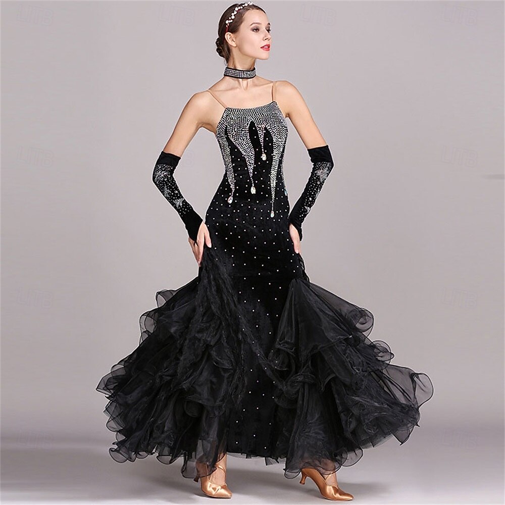 abito da ballo da sala da donna, verde smeraldo, in organza di velluto a rete con strass, a strati, per tango, valzer, foxtrot, competizione del 2026 a $225.69 –P6