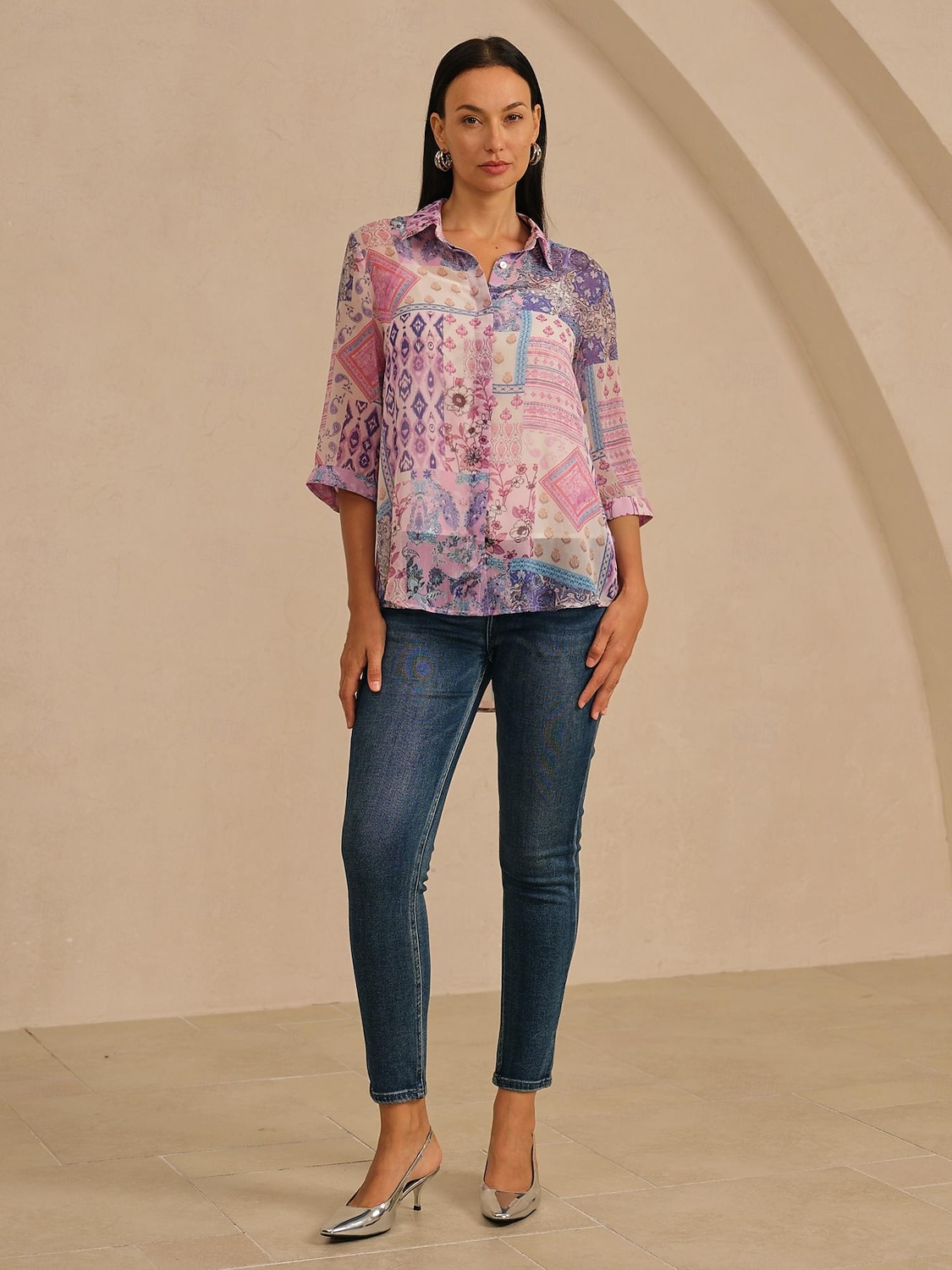 Chemisier femme violet clair bohème combinaison imprimé col chemise devant fausse patte décontracté vacances voyage printemps automne de 2026 ? $91.99 –P2