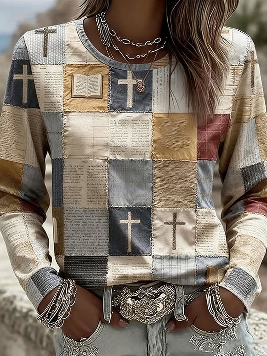 Damskie Podkoszulek Nadruk Graficzny Geometryczny Zabytkowe Moda Elegancki Długi rękaw Półgolf Okrągły dekolt Zwykłe topy Codzienny Weekend Beżowy Jesień Zima 2026 - $24.99 –P1