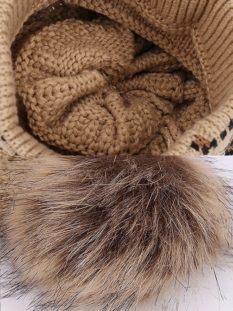 Damstickad julmössa med fuskpälspompom, varm leopardmönstrad vintermössa, snyggt semestertillbehör för utomhus- och festliga kläder 2026 - $11.99 –P11