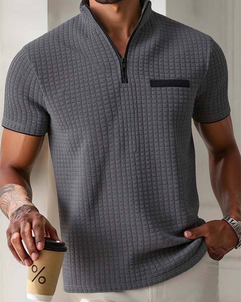 Per uomo Polo Polo con zip a un quarto Abbigliamento quotidiano Data Zip a un quarto Manica Corta Moda Essenziale Semplice Jacquard Cerniera Estate Vestibilità regolare Nero Bianco Blu marino del 2026 a $21.99 –P9