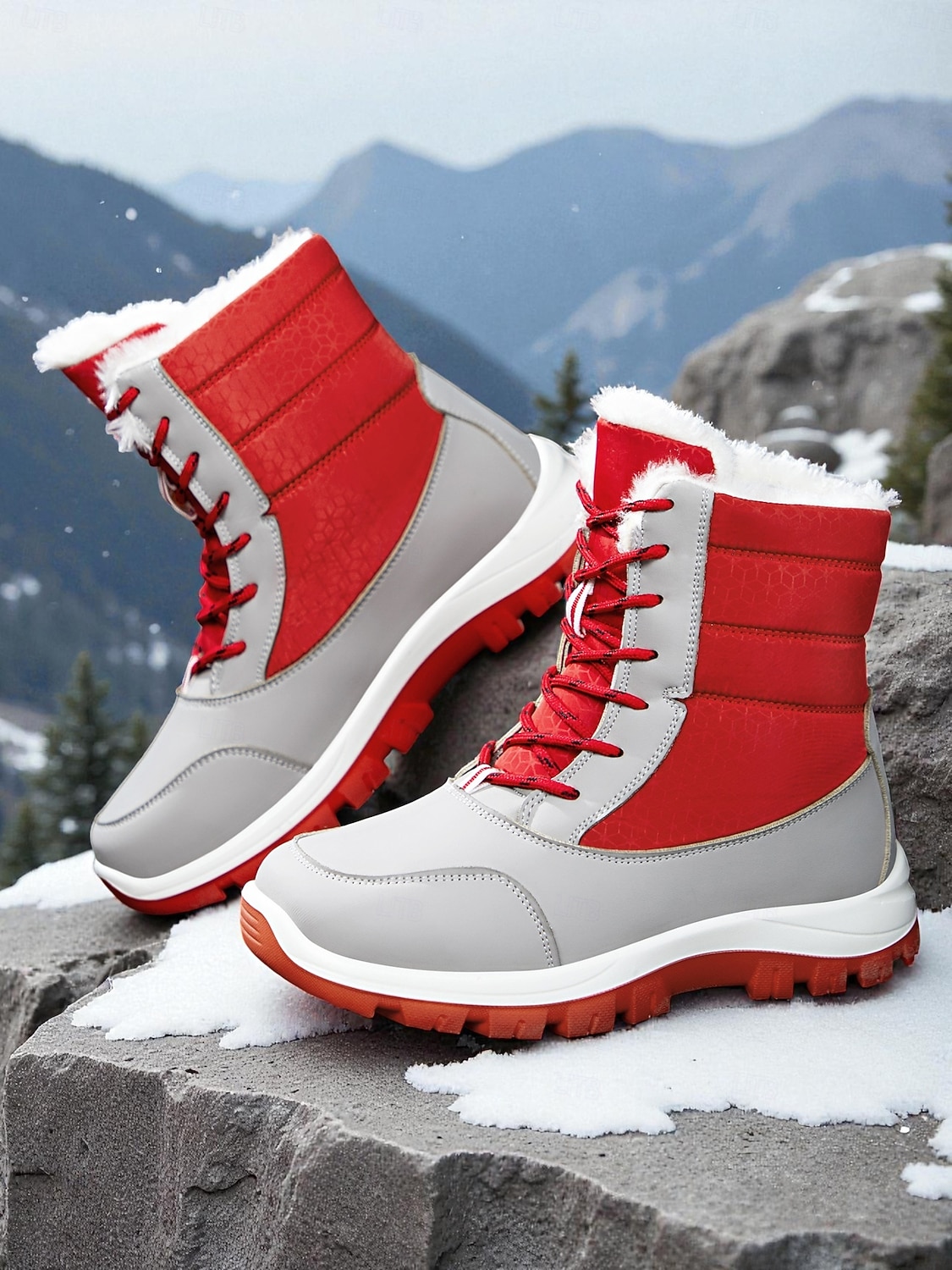 Botas de caminhada de inverno femininas vermelhas com pele sintética – botas de neve duráveis e impermeáveis com blocos de cores para aventuras na neve, perfeitas para viagens de férias de 2025 por $34.99 –P6