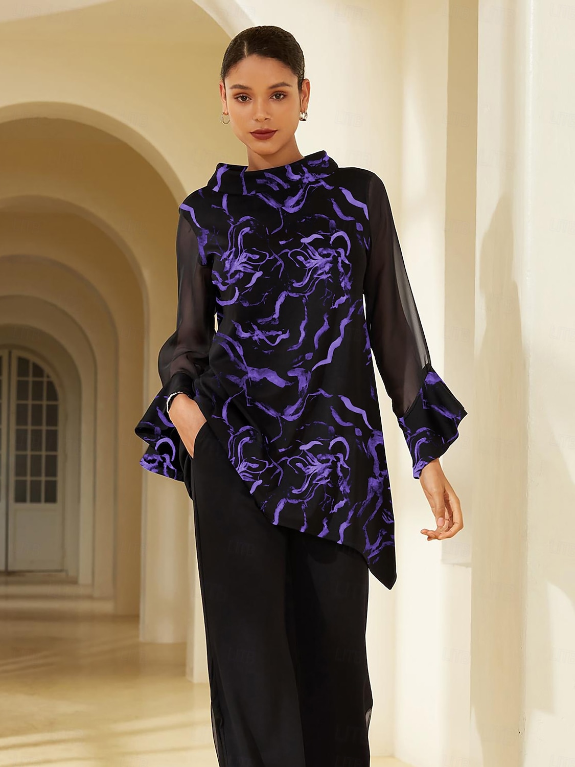 Women's Blouse Black Floral Print Stretch Chiffon Sleeves Bateau Neckline Casual Comfortable Spring Summer Fall Vacation 2026 - $67.99 –P1