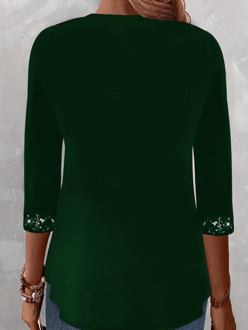 Kerstmis Vrouwen Blouse Effen Kleur Elegant Stijlvol Basis Lange Mouwen Vierkante Hals Standaard Tops Dagelijks Sequins Patchwork Zwart Wijn Paars Groen Lente Herfst Winter 2025 - $36.99 –P12