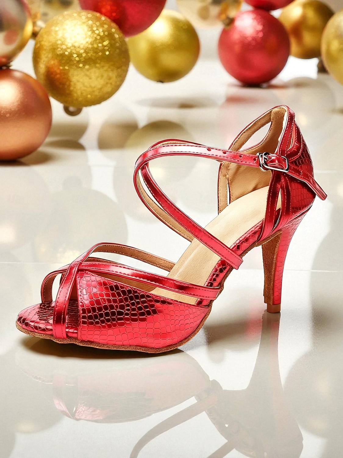 Røde metalliske latinske dansesko til dame - profesjonelle ballroom salsa tango sandaler med stroppedesign og høye hæler for konkurranse eller opptreden 2026 - $54.99 –P2