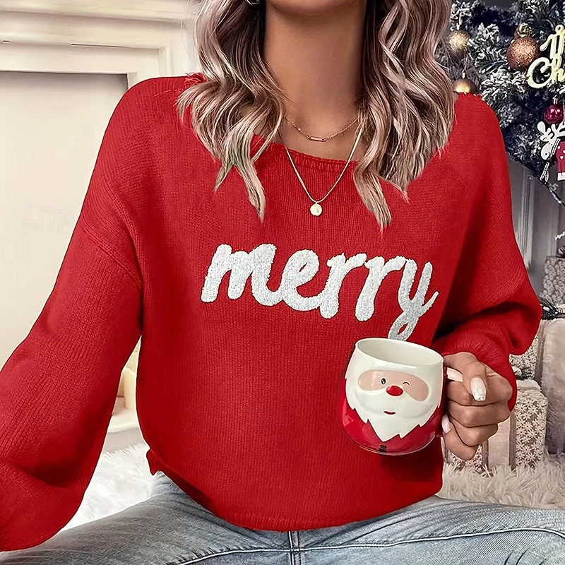 Noël Femmes Hauts décontractés Un sweatshirt pullover manche longue Top Athleisure Lettre Coton Doux Chaud Soirée Vacances Tenue de sport Tenues de Sport Noir Rouge Vert foncé de 2025 ? $30.99 –P2
