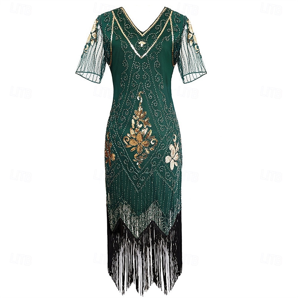 Set Anni Ruggenti Anni 1920 Midi Abito Flapper Abito da cocktail Costume di fantasia con accessori Maniche corte Il grande Gatsby Ragazza Flapper Paillettes Frangia con nappe Scollo a V Costume Per del 2026 a $52.99 –P4