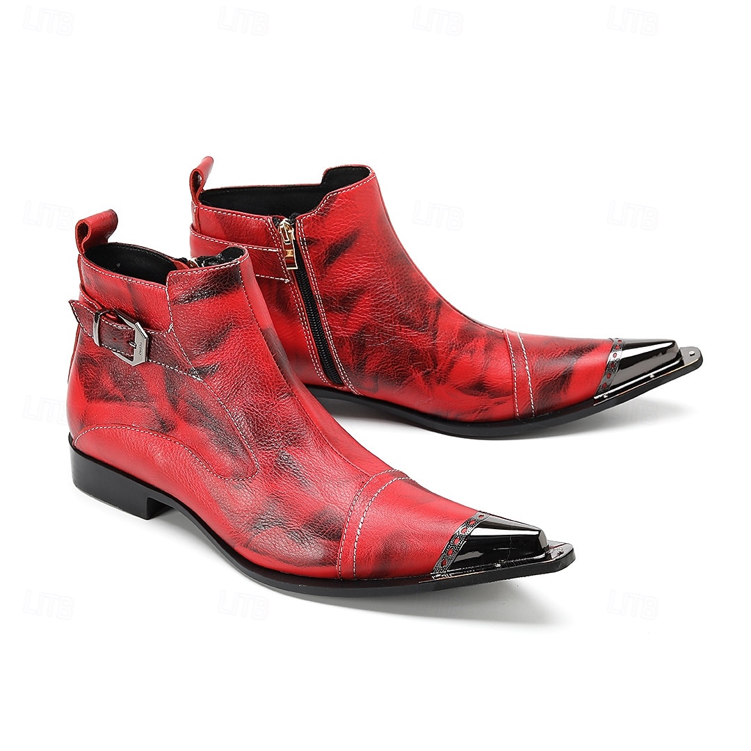 Men's Red Leather Boots with Buckle Detail and Pointed Toe – Perfect for Christmas Gatherings and Festive Events 2025 - $149.99 –P7