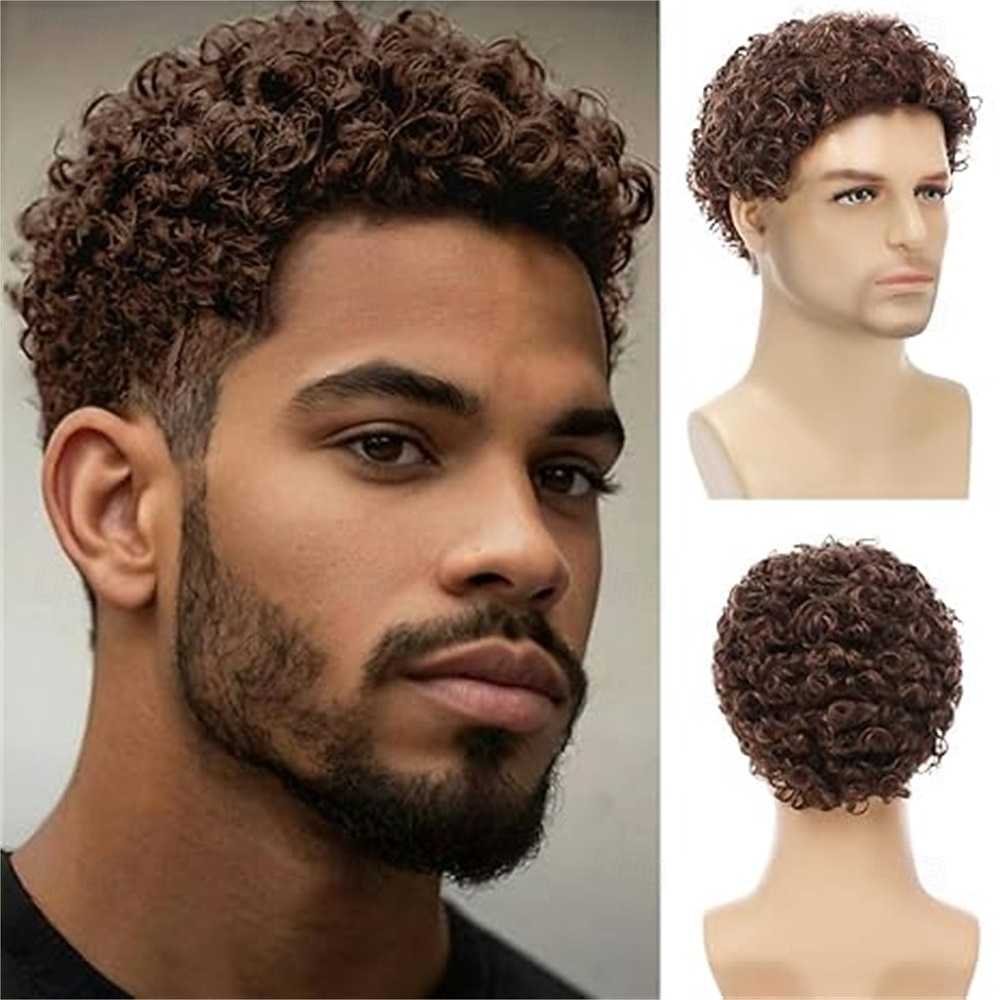 Afrokiharat tummanruskeat miesten lyhyet synteettiset halloween-cosplay-asuperuukit korvaavat hiusperuukit 2026 - $21.99 –P8