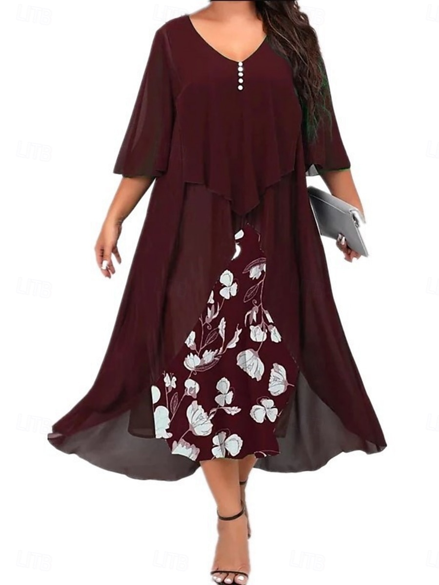 Pentru femei Mărime Plus Rochie casual Floral În V Lungime Manșon 3/4 Primăvară Toamnă Elegant Modă Modern Casual Rochii Midi Zilnic Concediu Rochie 2026 - $37.99 –P3