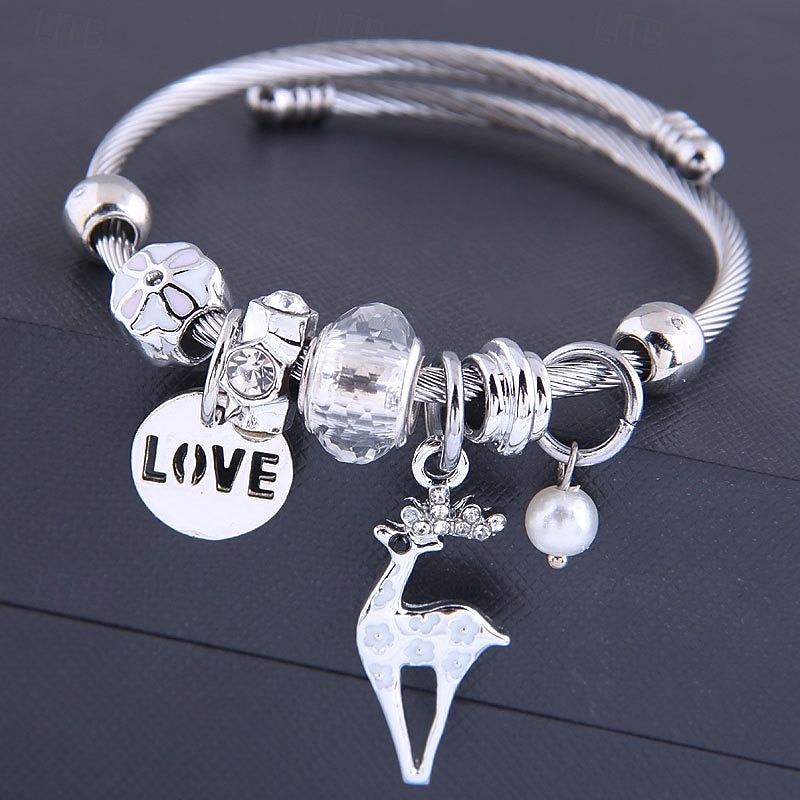 pulseira de prata charmosa com pingente de amor e pingente de rena, pulseira ajustável de contas de cristal para mulheres de 2026 por $11.99 –P4