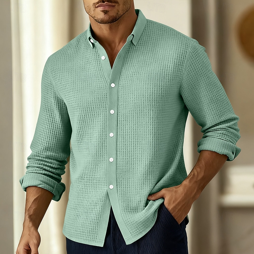 Men's Shirt Waffle Shirt Casual Shirt Button Up Shirt Black Wine Navy Blue Green Long Sleeve Plain Lapel Casual Daily Clothing Apparel Fashion Streetwear Casual 2026 - $25.99 –P1