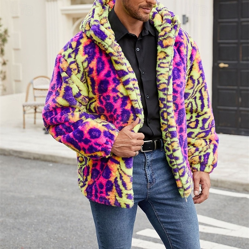 Voor heren Winterjack Jas van imitatiebont Dagelijks Vakantie Thermisch Warm Fleece Herfst Winter Luipaard Modieus Streetwear Capuchon Normaal Imitatiebont Geel Jacks 2026 - $50.99 –P4