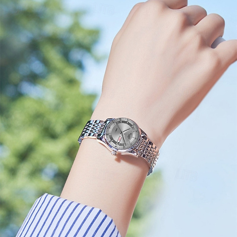 Două ceasuri noi și la modă cu cuarț pentru cupluri - carcasă din oțel inoxidabil, rezistență la apă IPX7, calendar dublu luminescent, dată și afișaj duminică/luni, curea din aliaj - cadou ideal 2025 - $24.99 –P10