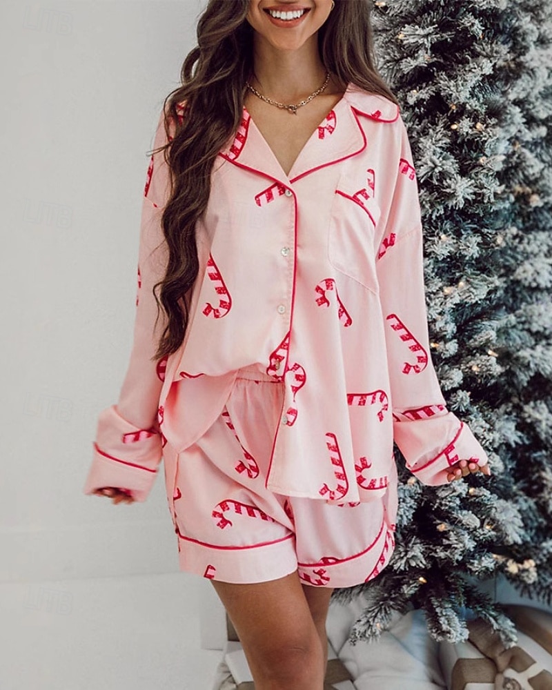 Women's Pajamas Loungewear Pajama Set Casual Pure Color Elastic Waist Shorts Christmas Vacation Home Long Sleeve Shirt Collar Pink Green Fall Winter Loose Fit 2026 - $44.99 –P3
