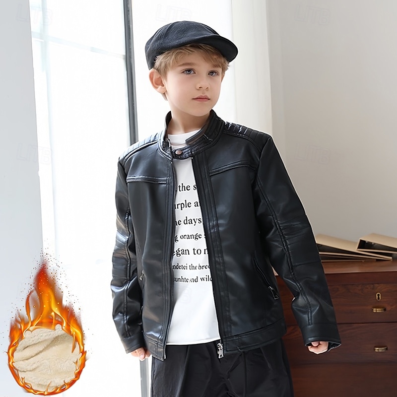 Bambini Ragazzi Giacca in pelle nera Giacca in pile Giacca di pelle Capispalla Semplice Manica Lunga Con zip Impermeabile Tenere al caldo Antivento Cappotto Quotidiano Moda Casual Nero Autunno Inverno del 2026 a $39.99 –P1