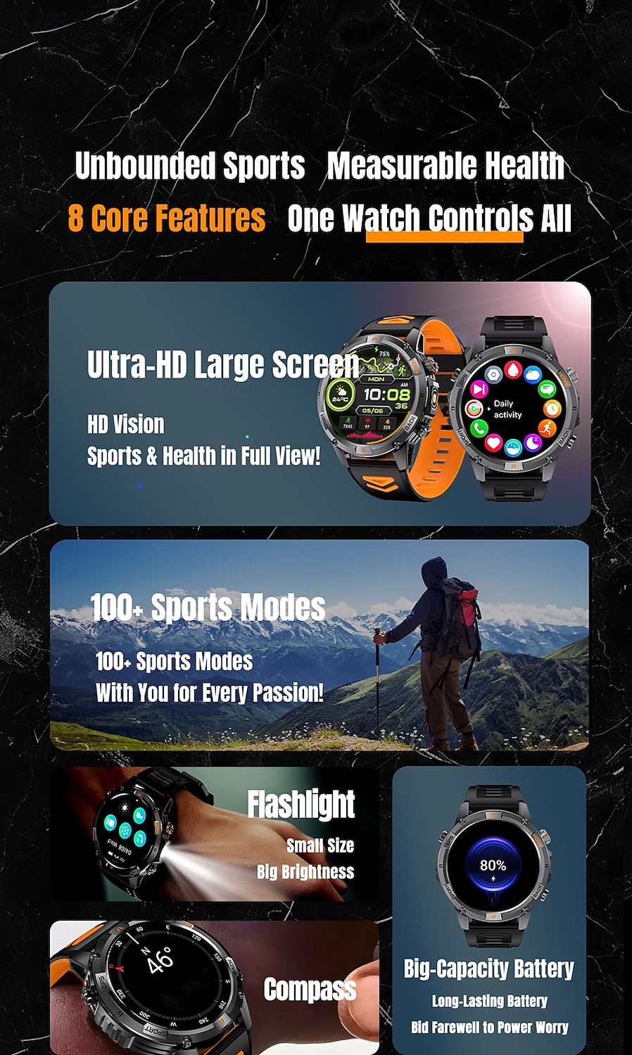 ساعة ذكية 2025 بنظام تحديد المواقع العالمي (GPS) بشاشة 1.46 بوصة مزودة ببوصلة ومصباح يدوي وبلوتوث ومكالمات وبطارية 580 مللي أمبير في الساعة ومقاومة للماء وتتبع اللياقة البدنية وساعة رياضية ذكية 2025 - $51.99 –P2