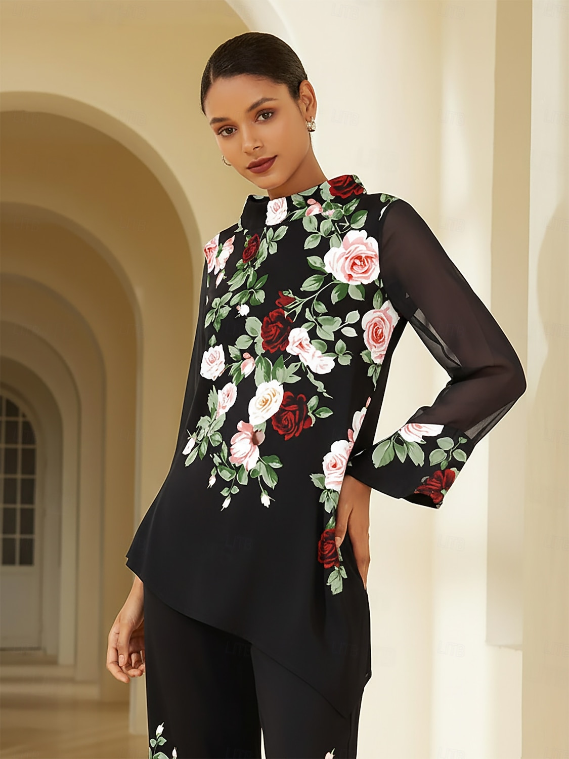 2025年 レディースブラウス ブラック 花柄 ストレッチ シフォンスリーブ バトーネック カジュアル 快適 春 夏 秋 バケーション  コレクション – $72.99 –P3