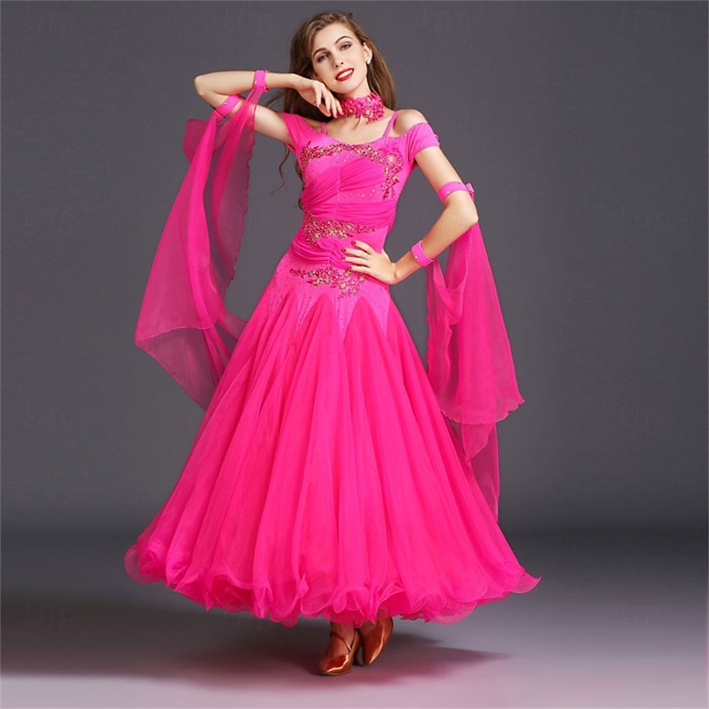 женское платье для бальных танцев, ярко-розовое, с цветочной аппликацией из страз, многослойной органзы, элегантное, для выступлений на соревнованиях по вальсу, танго, фокстроту 2026 - $166.99 –P13