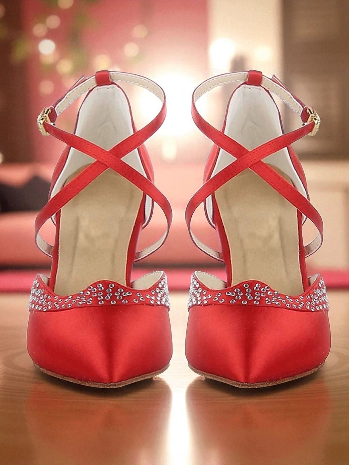 Women's Red Satin Ballroom Dance Shoes - Closed Toe Cross Strap High Heel Pumps with Rhinestone Detail for Gatsby Party & Professional Dance Party 2026 - $64.99 –P3