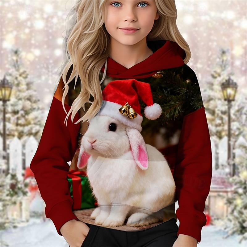 Kerstmis Voor meisjes 3D Grafisch Konijn Trui met capuchon Lange mouw Herfst Winter Modieus Aanbiddelijk Basic Kinderen 4-12 jaar Capuchon Buiten Casual Dagelijks Normale pasvorm 2025 - $18.99 –P1